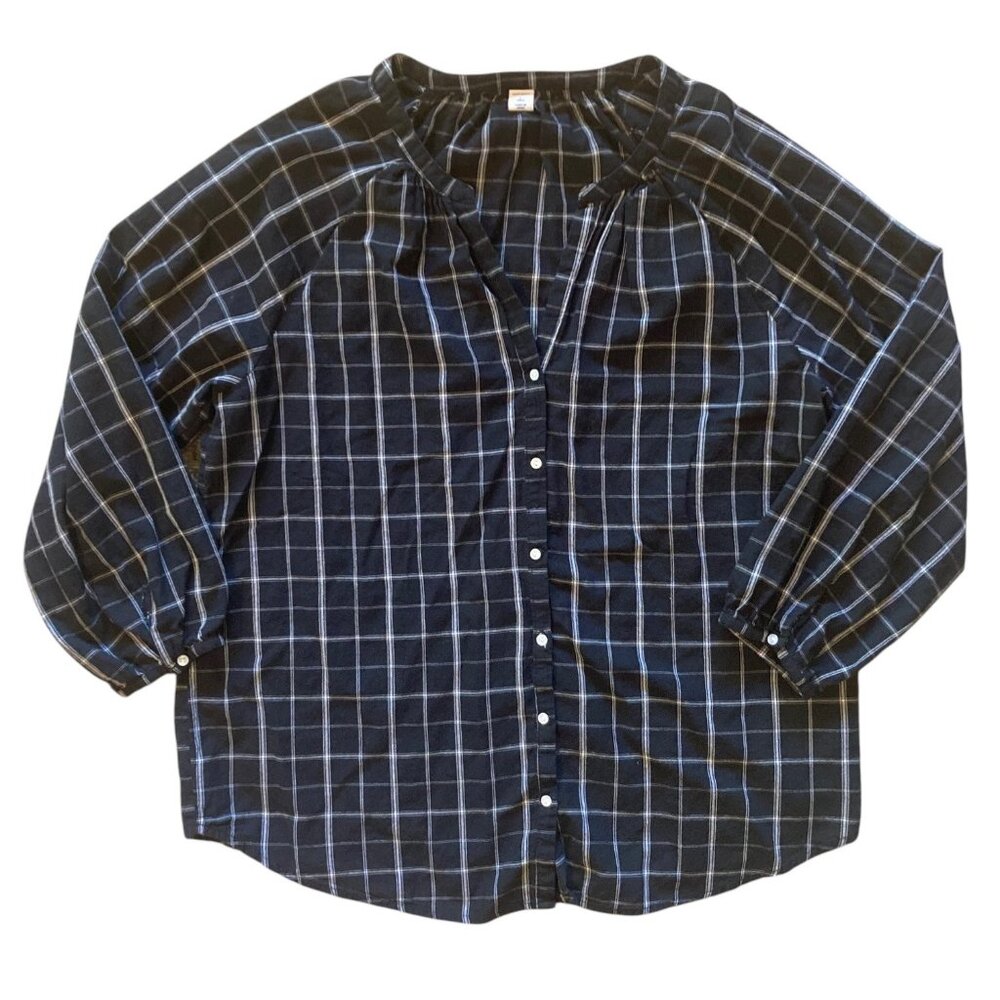Women's OLD NAVY Window Pane V-Neck 3/4 Sleeve Button-Up Top LARGE Tall COTTON